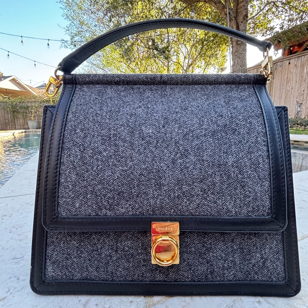 Polene Gray herringbone and Black Designer Handbag Numero Sept EUC